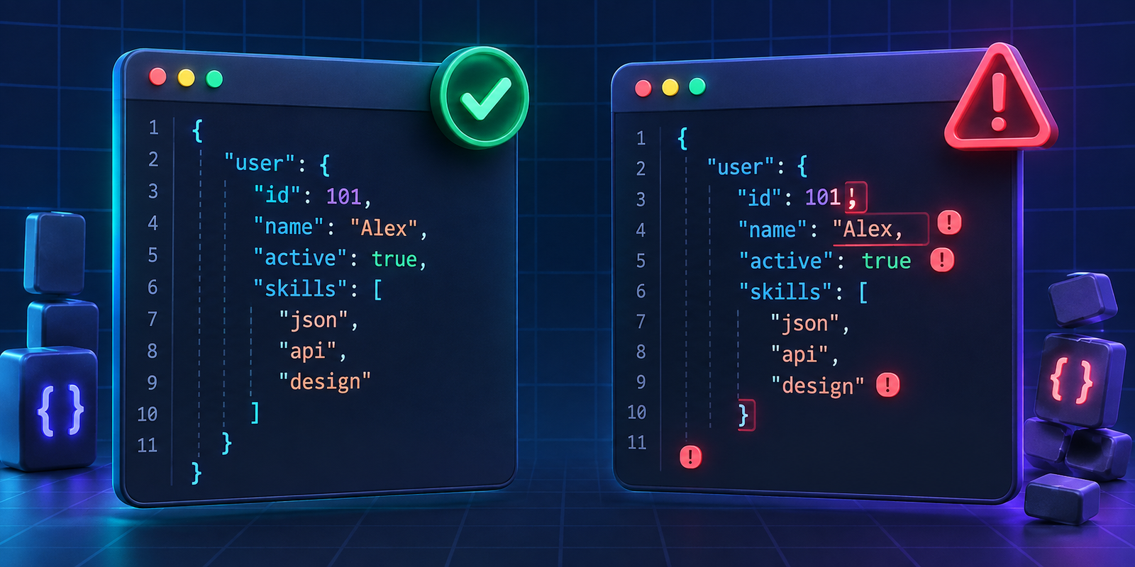 Comparison of valid JSON syntax and common JSON formatting errors