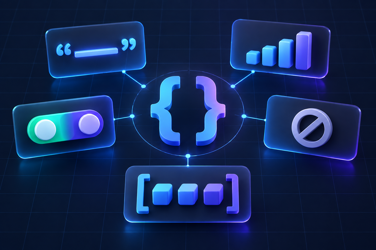 Visual representation of common JSON data types including strings, numbers, booleans, null values, and arrays